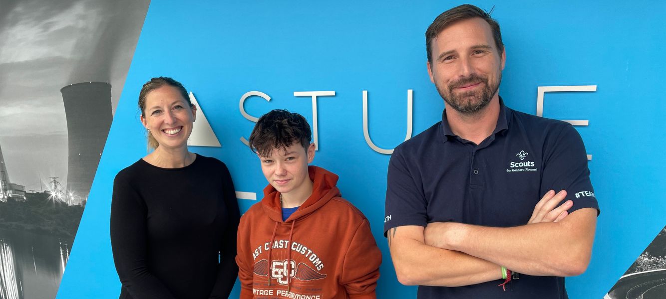 a picture of sam bradshaw and matt dickens from astute people with lily, a work experience student from brune park school