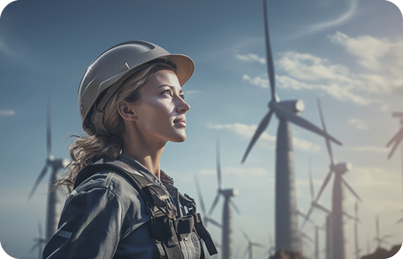 a woman (ai generated) looks on with wind turbines working behind her