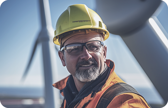 a man with a beard is working on a wind turbine