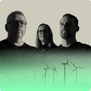 an image of terry buckel, sarah ellis and matt dickens from astute people above some wind turbines